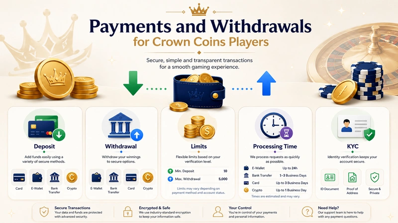 Crown Coins casino payment methods and withdrawal options