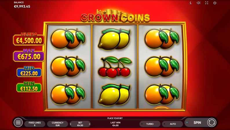 Crown Coins slot bet settings and 5 fixed paylines